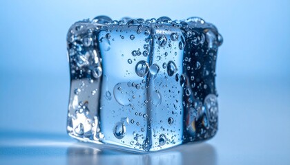 Macro-detail of a glistening ice-cube – a refreshing crystal-clear block with tiny water-droplets sparkling under cool blue light