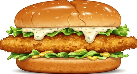 Vibrant illustration of a classic fried fish sandwich featuring a golden crispy fillet, fresh green lettuce, and generous dollops of creamy and yellow sauces on a toasted bun.