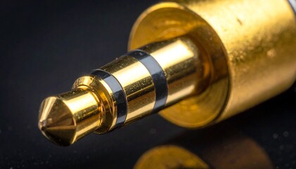 Extreme close-up of a shining gold-plated audio jack-connector, revealing its detailed surface texture and precise electrical contact bands for high-fidelity sound