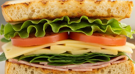 Appetizing close-up of a fresh, layered sandwich with golden toasted bread, ham, cheese, crisp lettuce, and ripe tomatoes, perfect for a healthy meal.