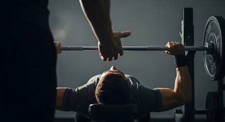 Athlete performing bench press exercise with barbell in gym under trainer supervision, strength training concept of bodybuilding, fitness motivation, personal coaching and muscular endurance workout