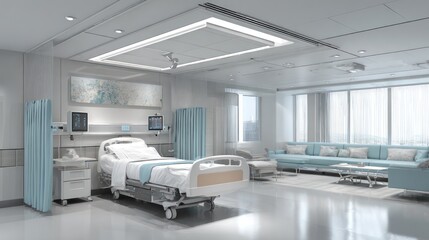 Fototapeta premium A modern, spacious hospital room with a bed, sofa, and large windows.