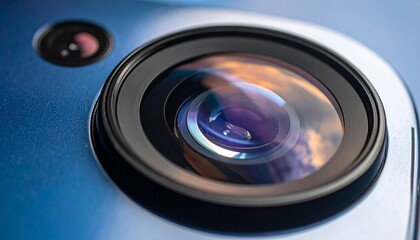 Captivating macro view of a contemporary camera lens-mechanism, highlighting its complex optical elements and subtle light reflections with a soft-focus background