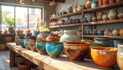 Fototapeta premium A variety of handcrafted pottery pieces, showcasing a range of colors and textures, are displayed on a rustic wooden table and shelves in a bright pottery shop.