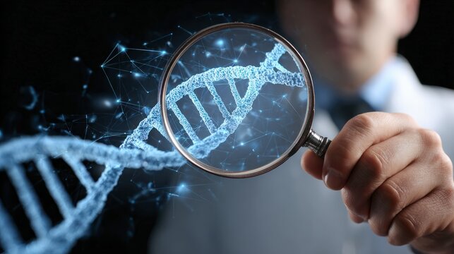 A magnifying glass with a DNA strand inside, held by a person in a lab coat. - Powered by Adobe