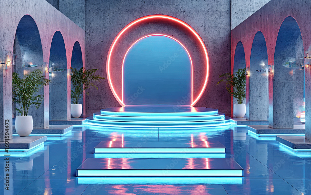 Poster modern neon-lit stage with reflective pool and arched columns