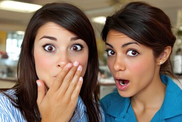 Naklejka premium Two young women are startled, one covering her mouth in surprise. They both appear shocked, wide-eyed, and engaged with the viewer