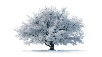 Fototapeta premium Flat lay of a single frosted winter tree background isolated on a Transparent background, PNG file.