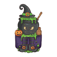 Whimsical Witch's Cauldron Character with Potion, Pumpkin and Broomstick