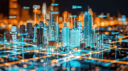 Futuristic Cityscape with Illuminated Skyscrapers and Digital Network in Night Scene