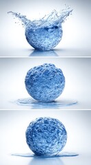 Triple image featuring a water droplet impact on a submerged sphere, showing splash, surface tension and water runoff