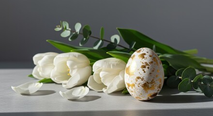 A delicate arrangement of white tulips and eucalyptus, accented by a speckled golden egg, creates a serene and elegant Easter display.
