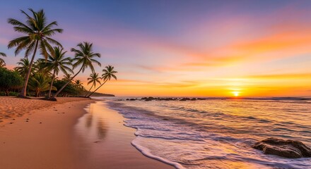Sunset view over the beach with sea waves sky and colorful horizon