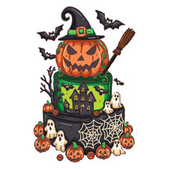 Elaborate Halloween Tiered Cake with Jack-o'-Lantern, Haunted House, and Ghosts
