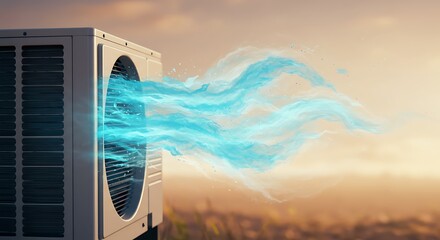 Modern air conditioning unit expelling a vibrant blue stream of cool air or vapor, symbolizing refreshing climate control and energy efficiency against a warm outdoor backdrop.