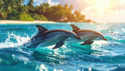 Fototapeta premium Two playful dolphins leap gracefully out of the turquoise ocean waves, bathed in the warm sunlight of a tropical paradise.