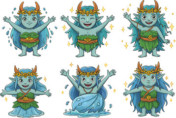 Cartoon water fairy character, cute magical nymph illustration, fantasy sprite design, mythical nature spirit artwork, magical goddess element character