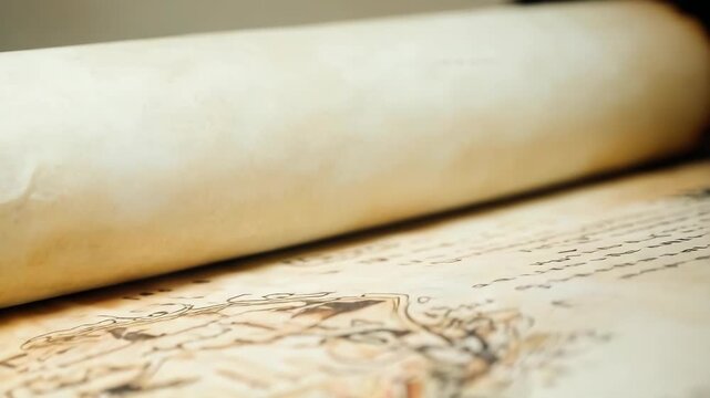 Close-up of aged, rolled parchment with handwritten text