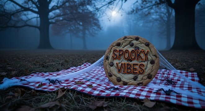 Spooky vibes cookie on a picnic blanket with spider decorations in a foggy forest for a halloween celebration