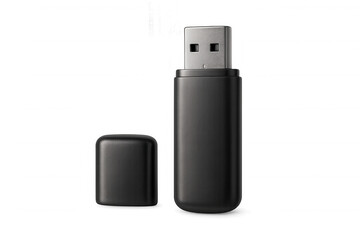 Modern black usb flash drive with its cap removed, revealing the metal contacts, isolated on a transparent background