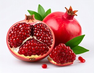 Pomegranate fruit with pomegranate leaves on the white background.