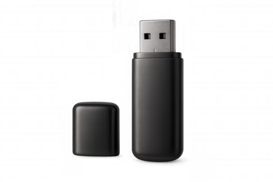 Modern black usb flash drive with its cap removed, revealing the metal contacts, isolated on a transparent background