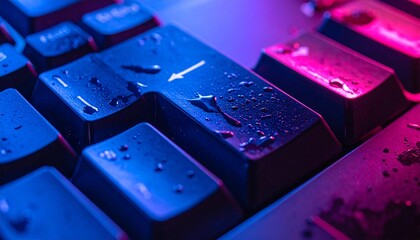 Close-up of a wet computer keyboard illuminated by vibrant blue and pink neon lights, creating a futuristic and atmospheric high-tech aesthetic
