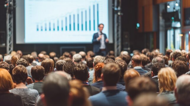 A man giving a presentation in a conference room with a large screen displaying a graph.