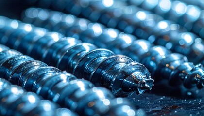 Detailed array of metallic drill-bits, showcasing their sharp, spiraling flutes and the intricate craftsmanship of industrial tools – a close-up perspective