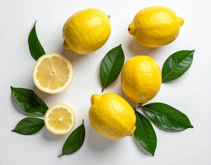 Ripe lemons and lemon leaves on white background. Top view.