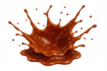 Caramel syrup splashing upward, forming golden crown-like arc against transparent backdrop, highlighting liquid's fluid dynamic motion