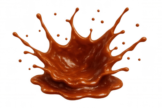 Caramel syrup splashing upward, forming golden crown-like arc against transparent backdrop, highlighting liquid's fluid dynamic motion