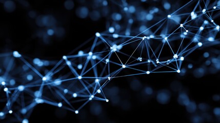 A network of interconnected blue dots and lines against a black background.