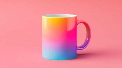 A colorful gradient mug on a pink background.