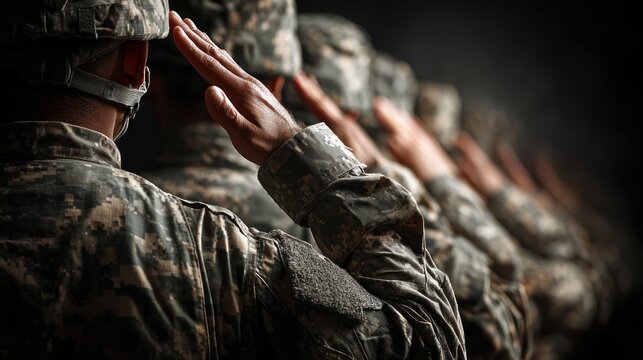 A group of soldiers saluting in formation against a dark background.