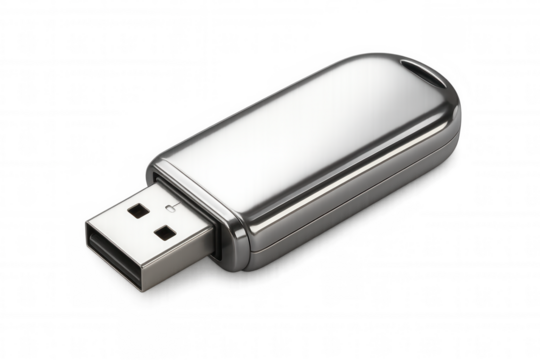 Metallic usb flash drive lying on a transparent background, ready for data transfer and storage