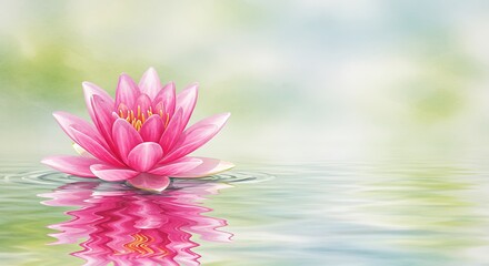 A serene pink lotus flower floats gracefully on calm water, reflecting its beauty against a soft, ethereal background, perfect for tranquility and wellness themes.