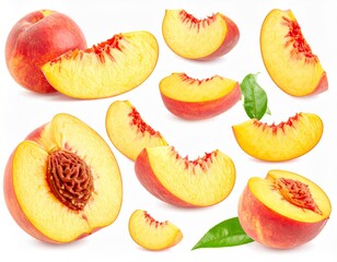 Set of red peach, juicy peach slices isolated on white background. File contains clip