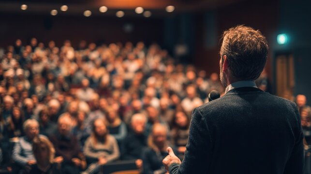 A man giving a speech in a large auditorium.
