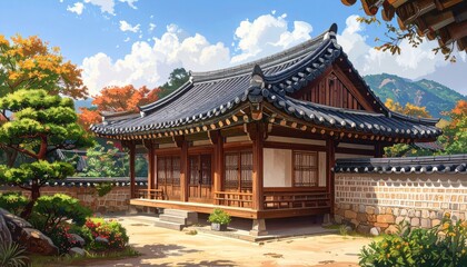 A serene Asian-inspired structure, with autumnal foliage and a tranquil courtyard, is depicted in a picturesque setting.