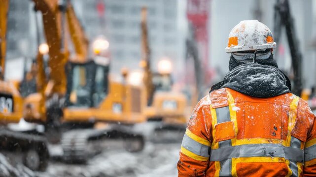 Construction worker supervising heavy machinery on a snowy winter day