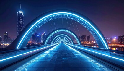 Fototapeta premium A modern, illuminated bridge spans a city at night, glowing with vibrant blue lights, showcasing futuristic architecture and urban development.