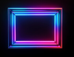 Vibrant neon square grame frame on black background. Royalty high-quality free best stock of a glowing neon light rectangle illuminated, abstract technology and futuristic blank design element