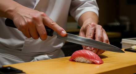 Obraz premium Skilled chef slicing fresh tuna sashimi with precision in a traditional sushi restaurant setting