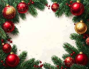 Christmas Frame with Pine Branches and Ornaments on White Background