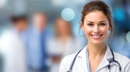 A smiling healthcare professional in a white coat with a stethoscope, standing in front of a blurred background of other healthcare professionals.