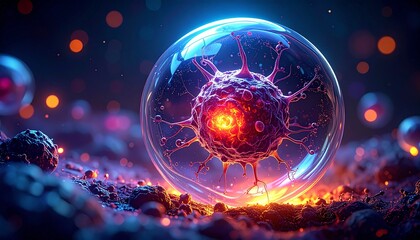 3D Illustration of Microscopic View of Cancer Stem Cell, Tumor, or Virus. Near-Infrared Photoimmunotherapy. Medical Illustration.