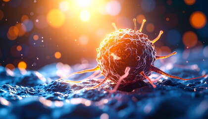 3D Illustration of Microscopic View of Cancer Cell, Tumor, or Virus. Near-Infrared Photoimmunotherapy. Medical Illustration.