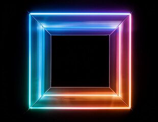 Vibrant neon square grame frame on black background. Royalty high-quality free best stock of a glowing neon light rectangle illuminated, abstract technology and futuristic blank design element