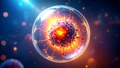 3D Illustration of Microscopic View of Cancer Stem Cell, Tumor, or Virus. Near-Infrared Photoimmunotherapy. Medical Illustration.